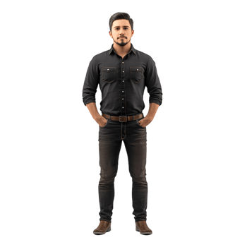 Man in black shirt standing with hands in pockets png