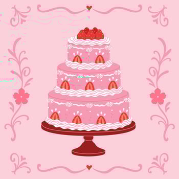 Tiered pink strawberry cake on a stand on a pink background. graphics. vector