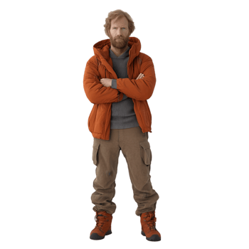 A man in an orange jacket and brown boots png
