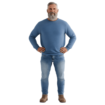 A man with a beard standing in jeans and a blue sweater png