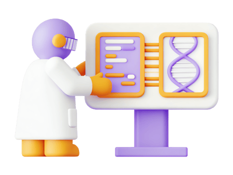 Cartoon scientist analyzing data on a digital display. png