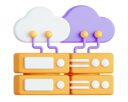 Colorful cloud computing servers with stylized clouds design. png