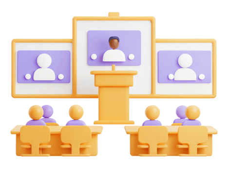 Illustration of a virtual meeting setup with participants onscreen. png