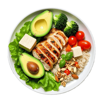 A plate with chicken, rice, avocado, broccoli and tomatoes png