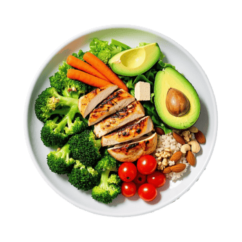 A plate with chicken, broccoli, avocado, and other vegetables png