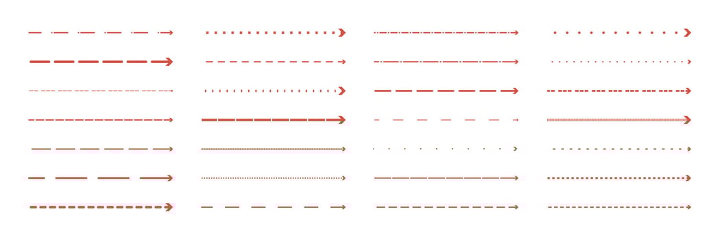 Set of arrows. Red dashed and dotted lines. Emphasis signs vector