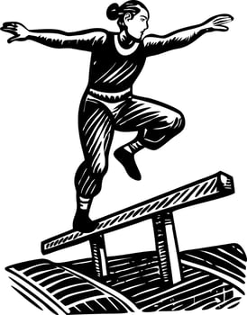 Gymnast standing on balance beam, vintage illustration vector