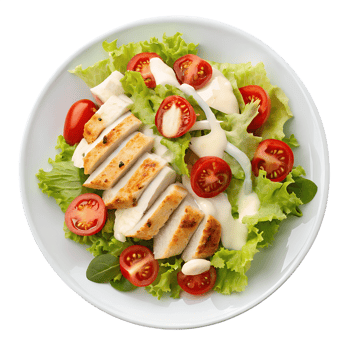 A plate with chicken, lettuce and tomatoes png