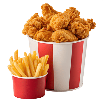 A bucket of fried chicken and french fries png