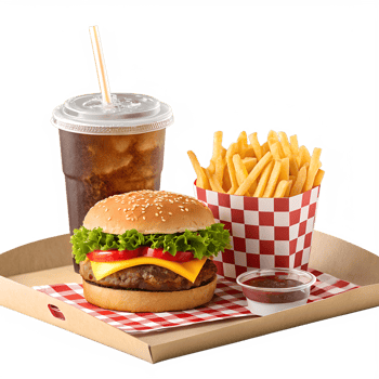 A hamburger and fries on a tray with a drink png