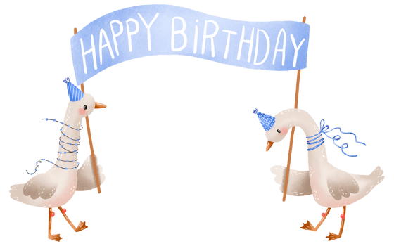 Geese with birthday banner. Happy birthday inscription on ribbon. Cartoon goose duck bird party celebration hand drawn illustration png