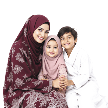 A woman and two children in hijab pose for a photo png