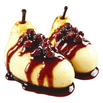 Fresh Pears with Red Berry Sauce and Syrup Drizzle on png