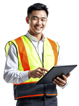 Asian man in safety vest holding tablet computer png