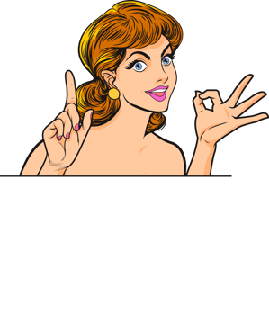 A young female advertising model stands posing behind a sign. png