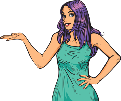 A purple-haired girl in a light nightgown stands with her hands on her hips and smiles. png