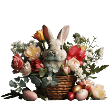 Easter bunny in basket with flowers and eggs png