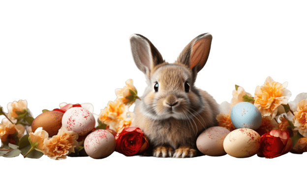Easter bunny with flowers and eggs png