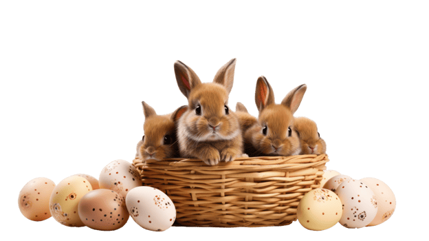 Bunnies in a basket with eggs png