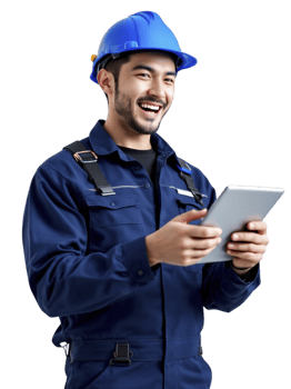 A man in a blue hard hat and overalls is holding a tablet png