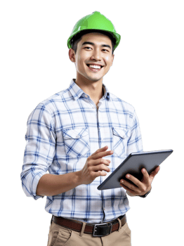 Asian man in hard hat holding tablet computer png