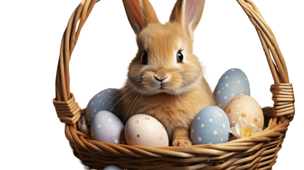 An easter bunny is sitting in a basket with eggs png