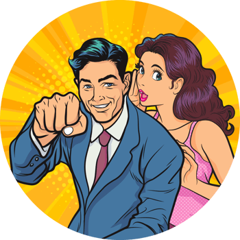 Comic-style man listens to secrets with a playful smile and raises his fist. png