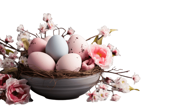 Easter eggs in a nest with flowers on a black background png