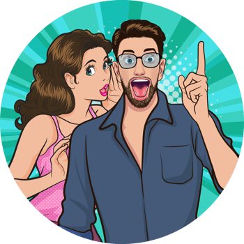 A young man wearing glasses raises his index finger, smiling and ready to fight with his work, while a young woman whispers. png