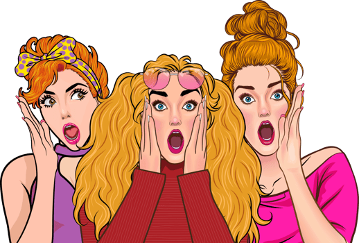 The young woman held her face in her hands in shock when she heard something from her two girlfriends. png