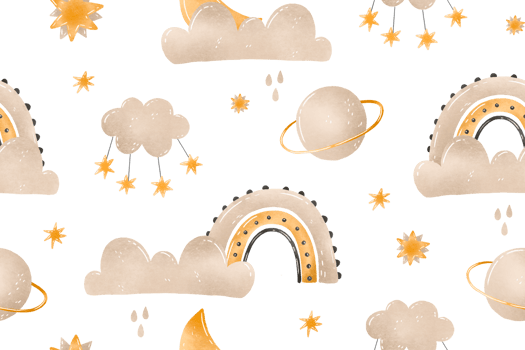 Gender neutral sky pattern with clouds, stars, rainbow. Fairytale background for kids. Baby nursery bedroom design png