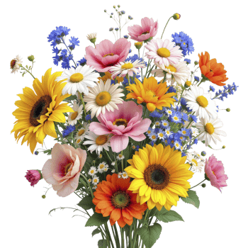 A bouquet of flowers is shown in a vase png