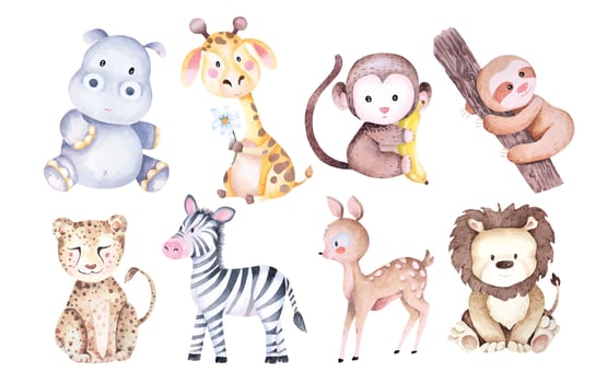 Set of cute safari Animals wildlife cartoon drawn in watercolor.Characters Elephant Zebra, Giraffe. vector
