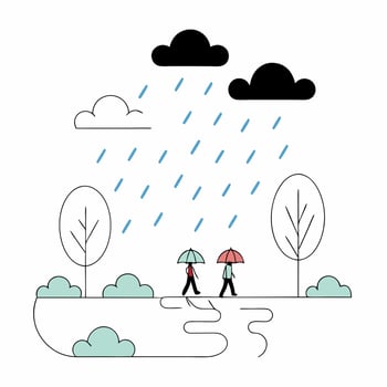 Rainy Day Park Scene Simple Line Art Illustration Two Figures with Umbrellas. vector