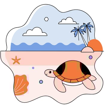 Cute Orange Sea Turtle Beach Illustration Pastel Colors. vector