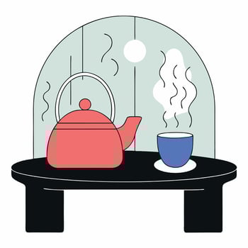 Minimalist Teapot and Teacup Illustration Coral, Blue. vector