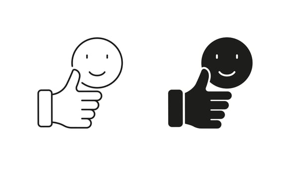 Best Customer Feedback Pictogram. Happy Face, Like Symbol. Positive Emoji Button. Thumb Up With Emoticon Line and Silhouette Icon Set. Editable Stroke. Isolated Illustration vector