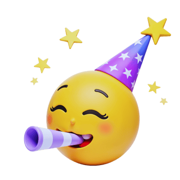 Smiling yellow character celebrating with a party hat and confetti png