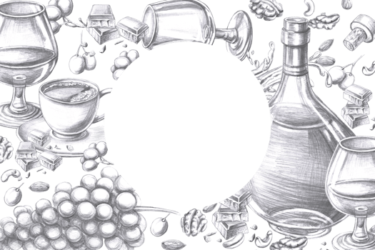 Rectangular frame with bottle of cognac, glass, cup of coffee and nuts. Isolated pencil illustration on the theme of alcohol in a realistic style for bar menu design, restaurant interior. png