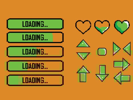 heart shape and loading icon elements pixel art vector