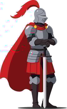 Knight in shining armor wearing a red cape and holding a sword in a flat design art vector