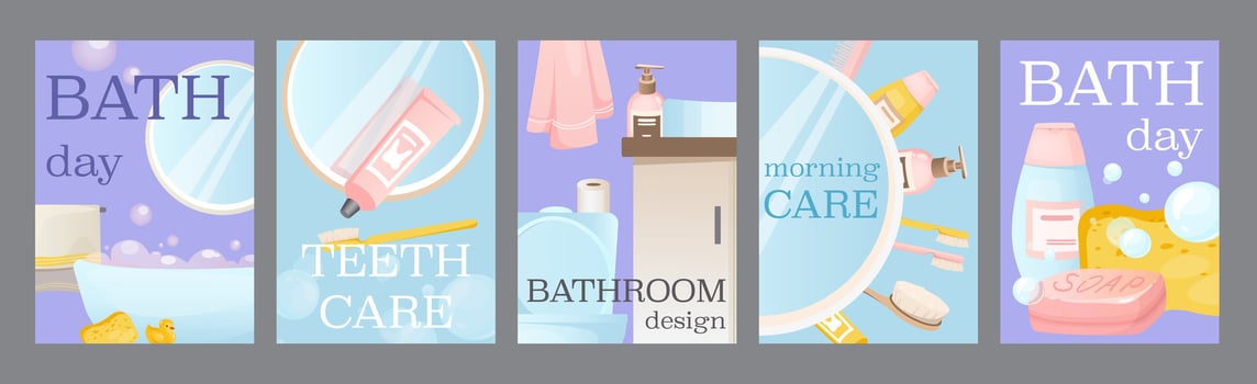 Bath day typography template posters. Vertical covers with bathroom tub, morning teeth care, soap foam, shampoo, towel, toothpaste, other. Modern banners set in minimalism design. illustration. vector