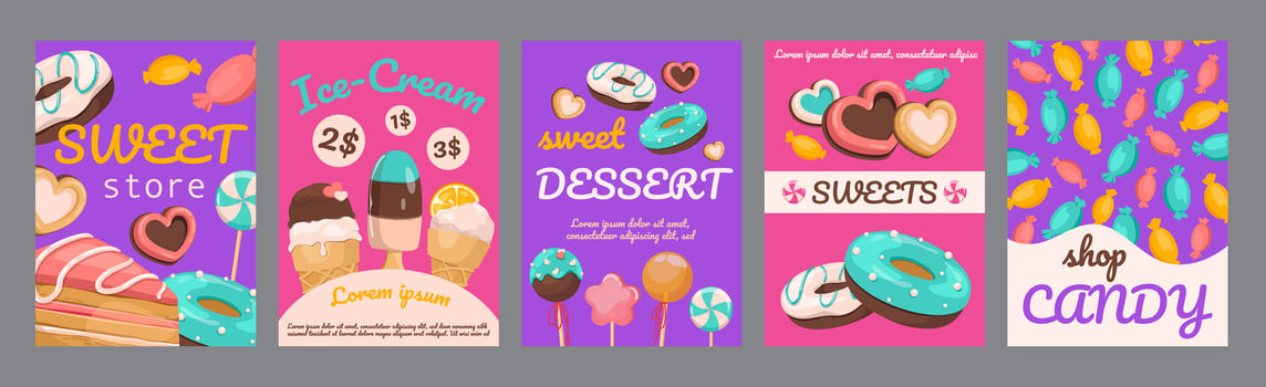 Sweets store typography template posters. Vertical covers with icing cookies, ice cream, lollipops, cakes, delicious desserts and pastry. Modern banners set in minimalism design. illustration. vector