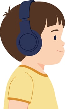 A cheerful young boy wearing navy headphones in a minimalistic flat design showcasing a playful expression and engaging with music, art vector