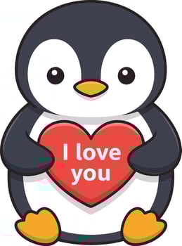 Cute penguin character holding a red heart with the phrase I love you, in a flat, minimal design style, illustration vector