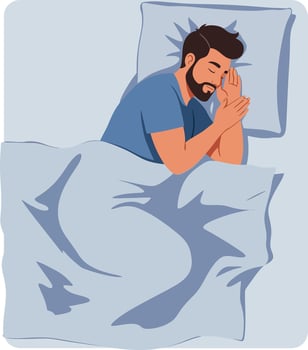 Man peacefully sleeping in a cozy bed with blue sheets in a flat illustration depicting tranquility and comfort vector