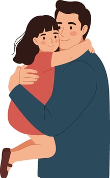 A father lovingly holding his smiling daughter in a warm embrace, showcasing a minimal design style in vibrant colors, illustration vector