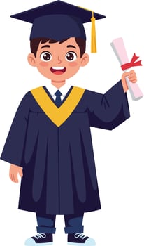Cheerful young boy in a graduation cap and gown holding a diploma, flat illustration celebrating achievement and joy, art vector