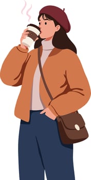 Young woman enjoying a warm beverage, dressed in stylish casual attire, with a cozy atmosphere, flat art illustration vector