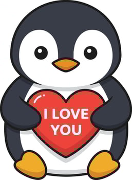 Cute cartoon penguin character holding a red heart with the phrase I Love You in a flat design art vector